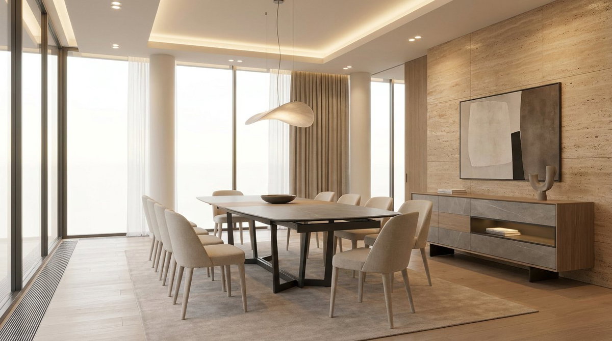 Geniş salon için mermer desenli açılır yemek masası ve konsol takımı