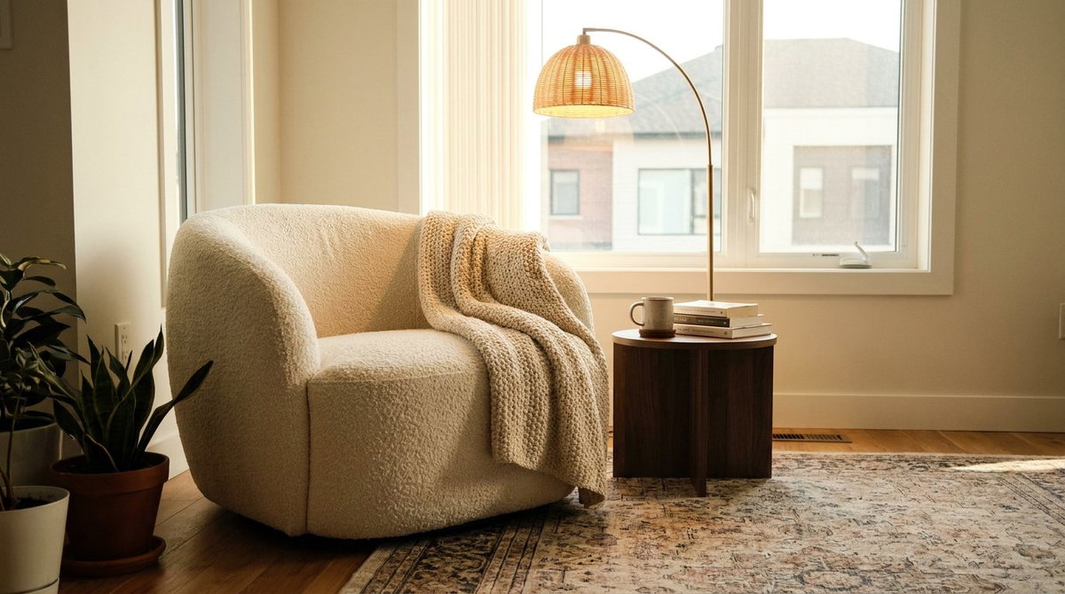 Estetik dikişli kumaş dokusu ve modern berjer ile şık salon köşesi