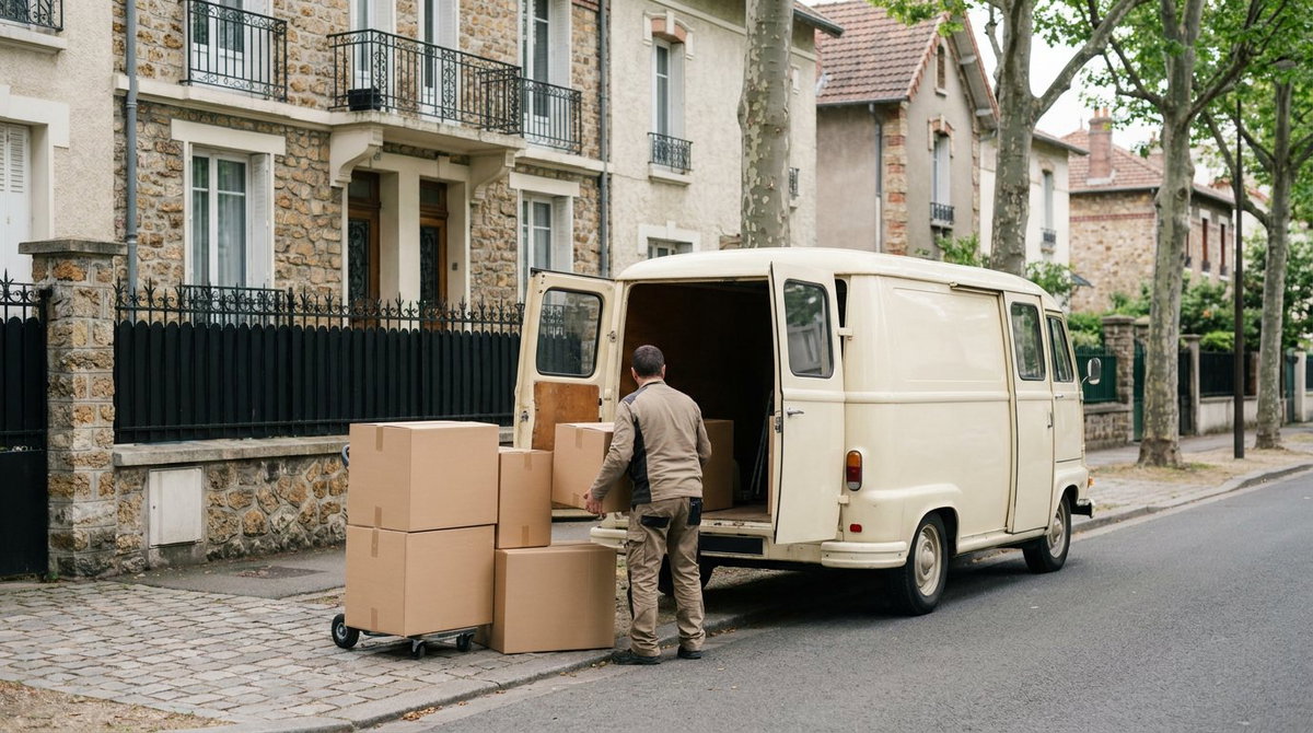 Fransa'daki modern bir apartman dairesi önünde güvenle indirilen mobilya kolileri
