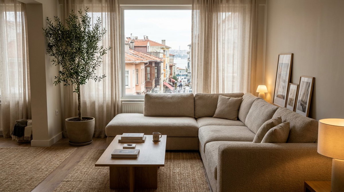 Luxury living room setup with authentic Inegol sofa set and modern coffee table in an Istanbul apartment