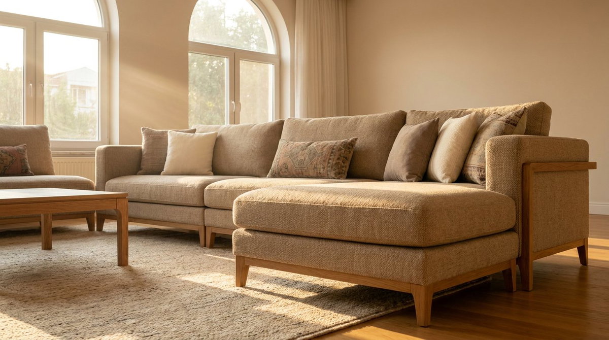 Luxe İnegöl design bankstel in een sfeervol verlichte woonkamer