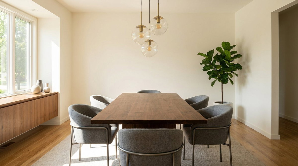 Elegante massief houten eettafel met comfortabele stoelen in een moderne eetkamer