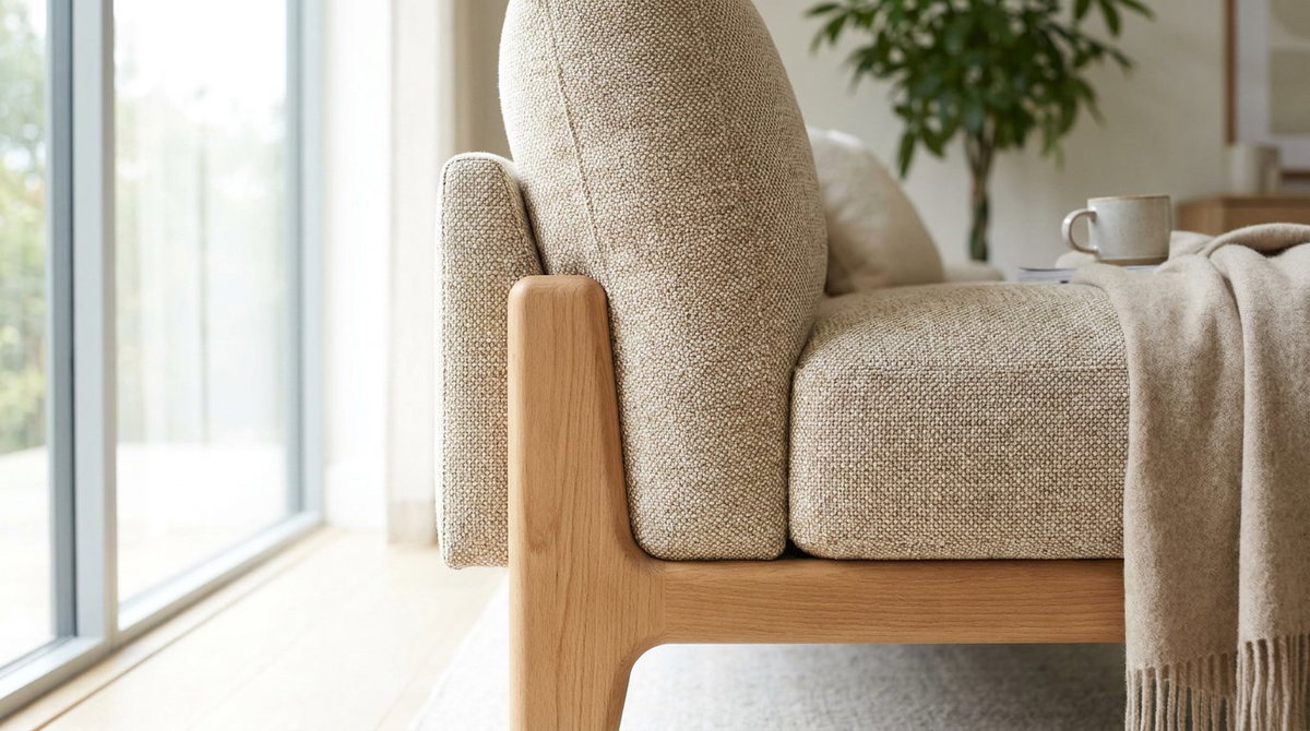 Détail des finitions raffinées et du tissu d'un canapé confortable İnegöl