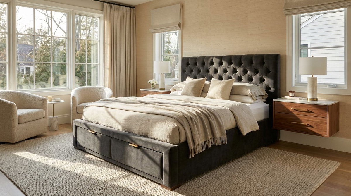 Chambre à coucher élégante avec lit capitonné et rangements modernes importés de Turquie