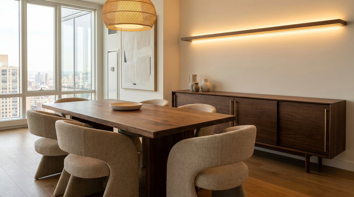 Geniş salon için modern yemek odası masası sandalyeleri ve şık konsol dekorasyonu