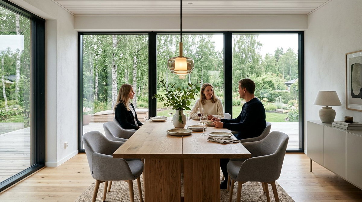 Stilren spisestue med designerbord og behagelige stoler foran store vinduer