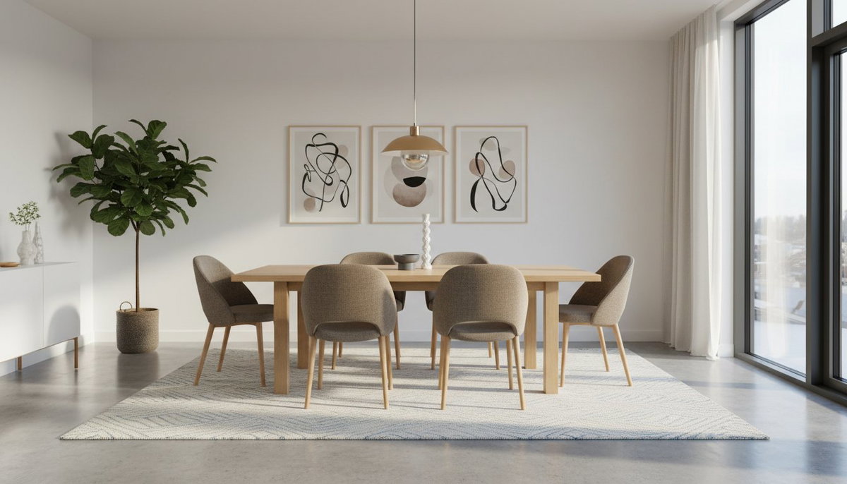 Norveç evine uygun modern ahşap yemek masası ve konforlu sandalyeler