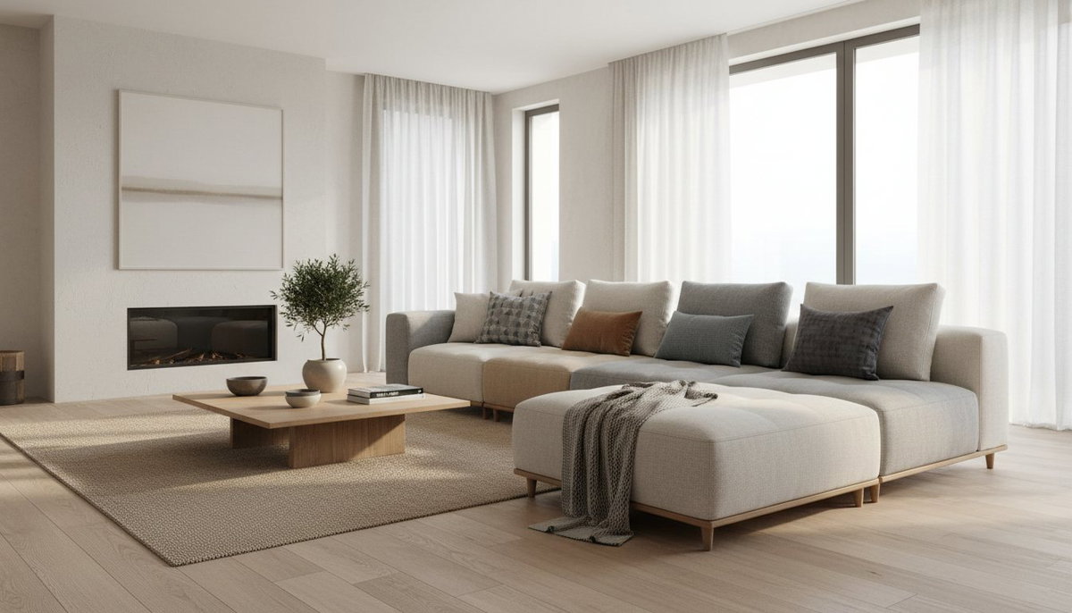 Gemütliche Sitzecke mit modernem Ecksofa und Couchtisch aus İnegöl im Wohnzimmer
