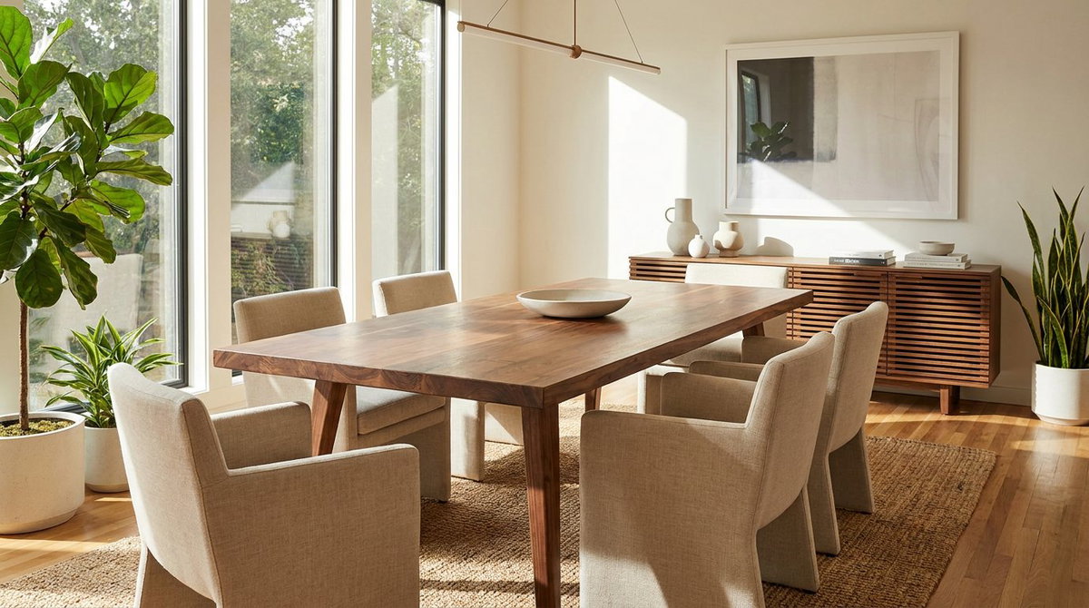 Stilvolles Esszimmer mit Holztisch und gepolsterten Stühlen aus türkischer Manufaktur