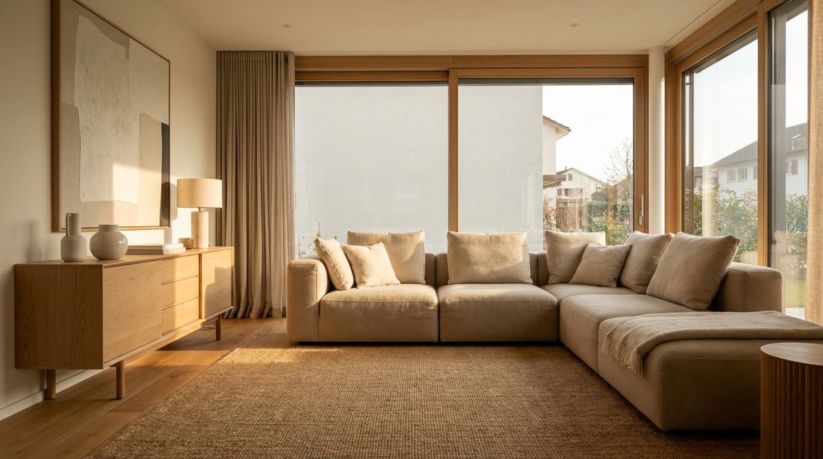 Helles Wohnzimmer mit beigem İnegöl Sofa und modernem Couchtisch