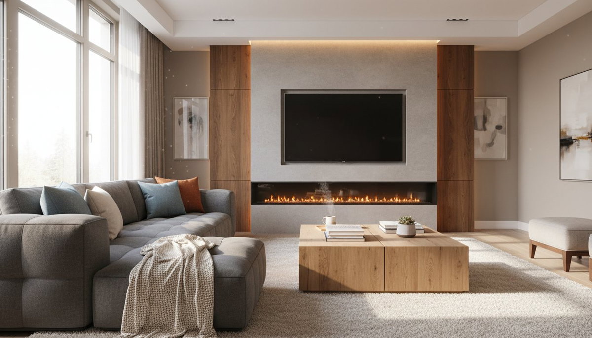 Konforlu koltuk takımı ve orta sehpa ile kombinlenmiş şömineli tv sehpası