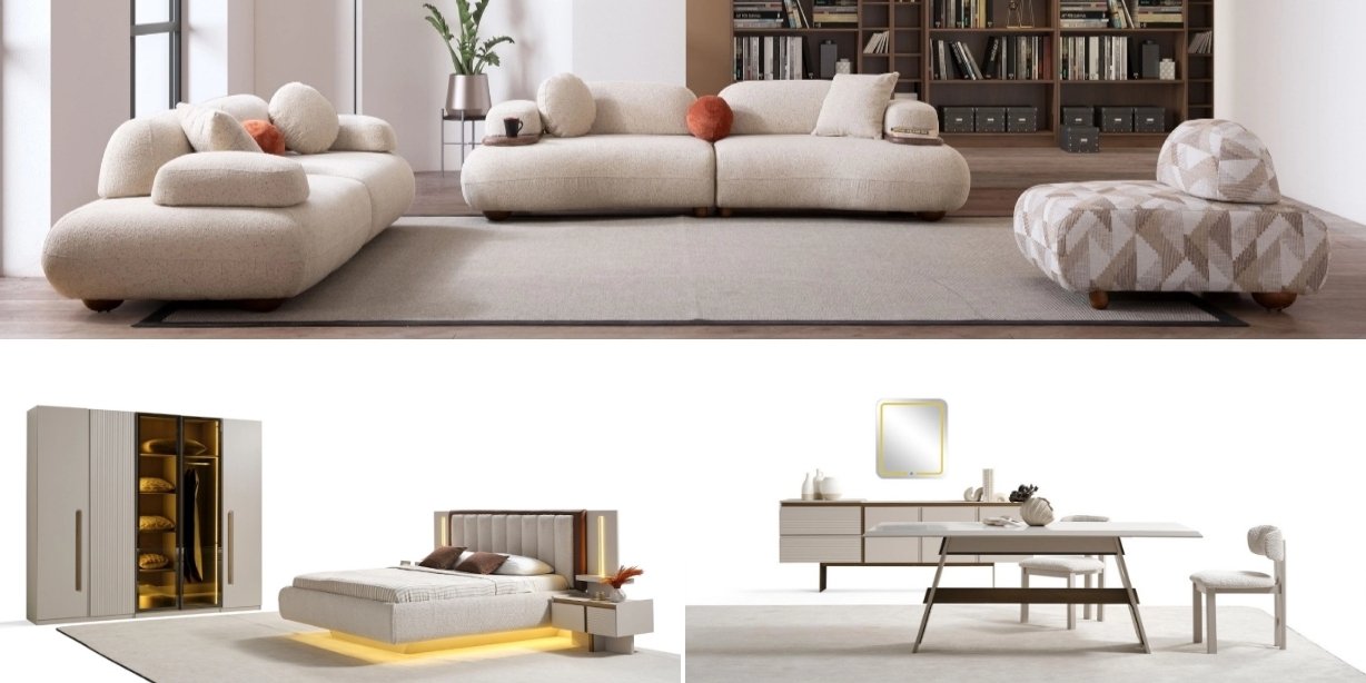 Moon Wedding Package; curved modern sofas, patterned chaise, illuminated bed, wardrobe, and dining set - Quality Inegol furniture.
