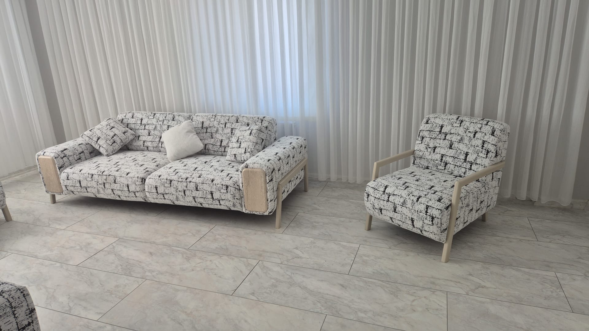 Sibel A - Izmir 2025 modern striped upholstered two-seater sofa and armchair set, offering aesthetic appeal and Affordable Inegol furniture comfort.