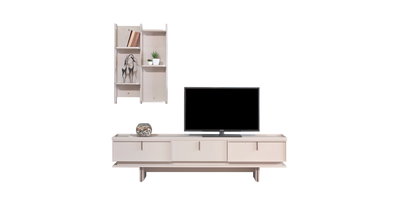 Modern tasarımlı Mercan Tv Ünitesi, beyaz renkli çekmeceli ve raflı yapısıyla dikkat çekiyor. Yanında duvara monte açık raflı modül. Uygun Fiyatlı inegöl mobilya seçenekleri arasında öne çıkıyor.