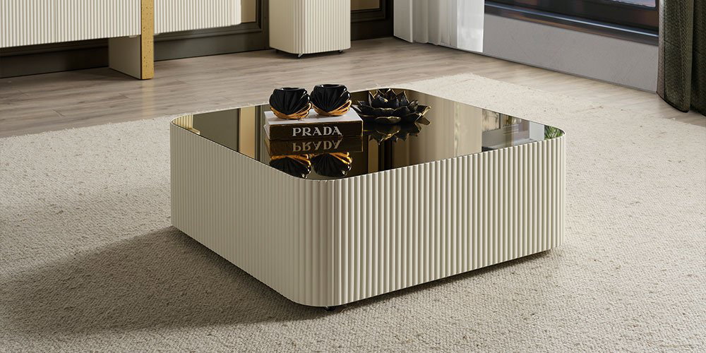 Modern ve zarif Topkapı Tv Ünitesi Luxury takımı, flütlü krem rengi tasarımıyla şık bir salon dekorasyonu sunuyor. inegol mobilya kalitesi.
