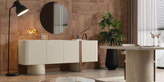 Modern Topkapı Yemek Odası Takımı, ahşap ve terrazzo detaylı yemek masası, bej sandalyeler ve şık büfe ile inegol mobilya kalitesini yansıtır.