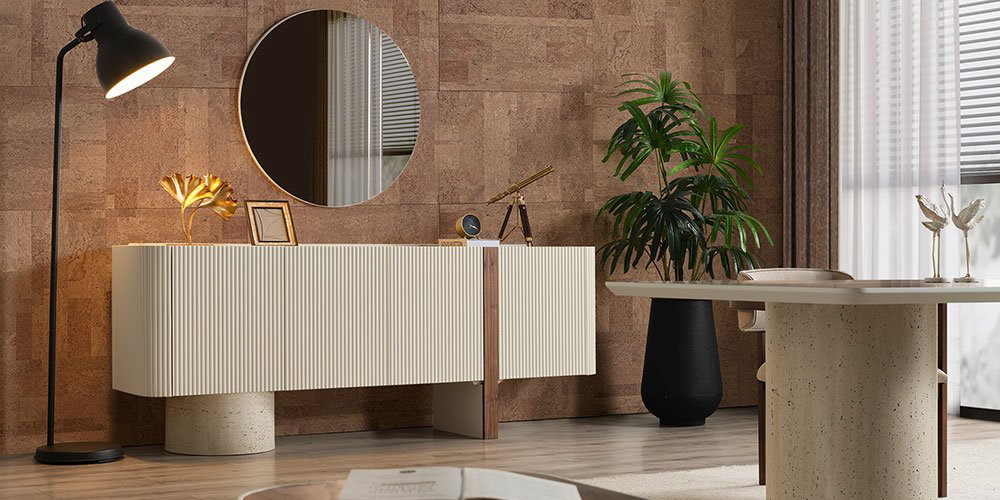 Modern Topkapı Yemek Odası Takımı, ahşap ve terrazzo detaylı yemek masası, bej sandalyeler ve şık büfe ile inegol mobilya kalitesini yansıtır.