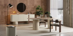 Modern Topkapı Yemek Odası Takımı, ahşap ve terrazzo detaylı yemek masası, bej sandalyeler ve şık büfe ile inegol mobilya kalitesini yansıtır.
