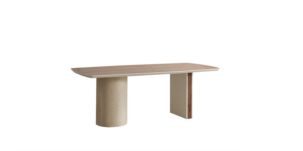 Modern Topkapı Yemek Odası Takımı, ahşap ve terrazzo detaylı yemek masası, bej sandalyeler ve şık büfe ile inegol mobilya kalitesini yansıtır.