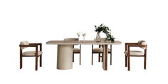 Modern Topkapı Yemek Odası Takımı, ahşap ve terrazzo detaylı yemek masası, bej sandalyeler ve şık büfe ile inegol mobilya kalitesini yansıtır.