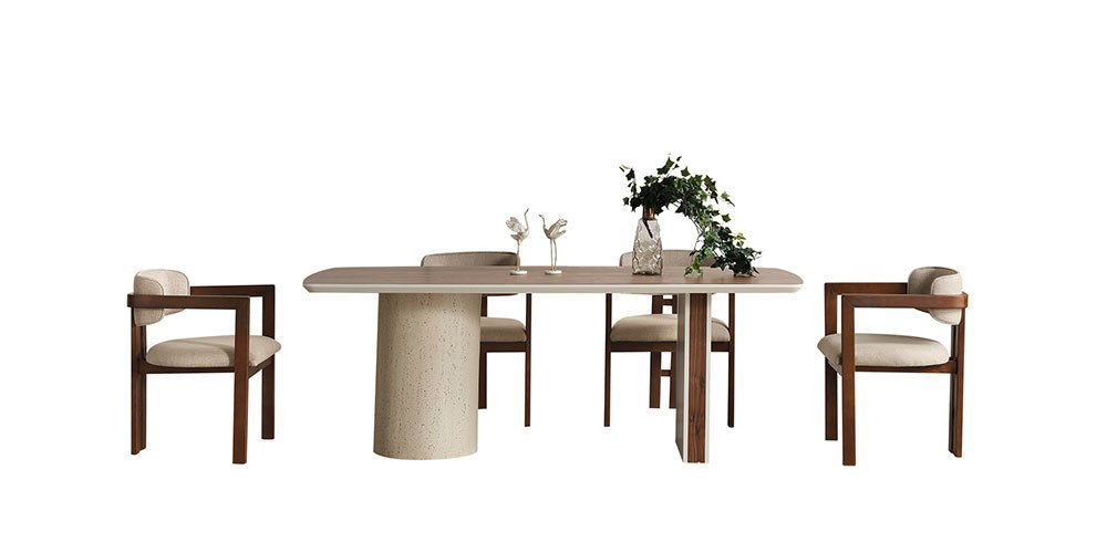 Modern Topkapı Yemek Odası Takımı, ahşap ve terrazzo detaylı yemek masası, bej sandalyeler ve şık büfe ile inegol mobilya kalitesini yansıtır.