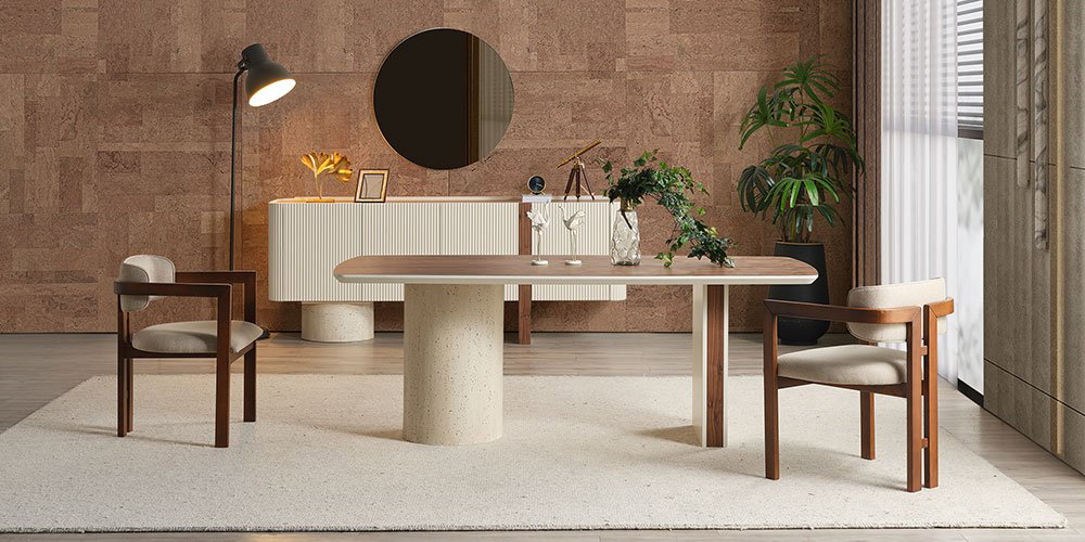 Modern Topkapı Yemek Odası Takımı, ahşap ve terrazzo detaylı yemek masası, bej sandalyeler ve şık büfe ile inegol mobilya kalitesini yansıtır.