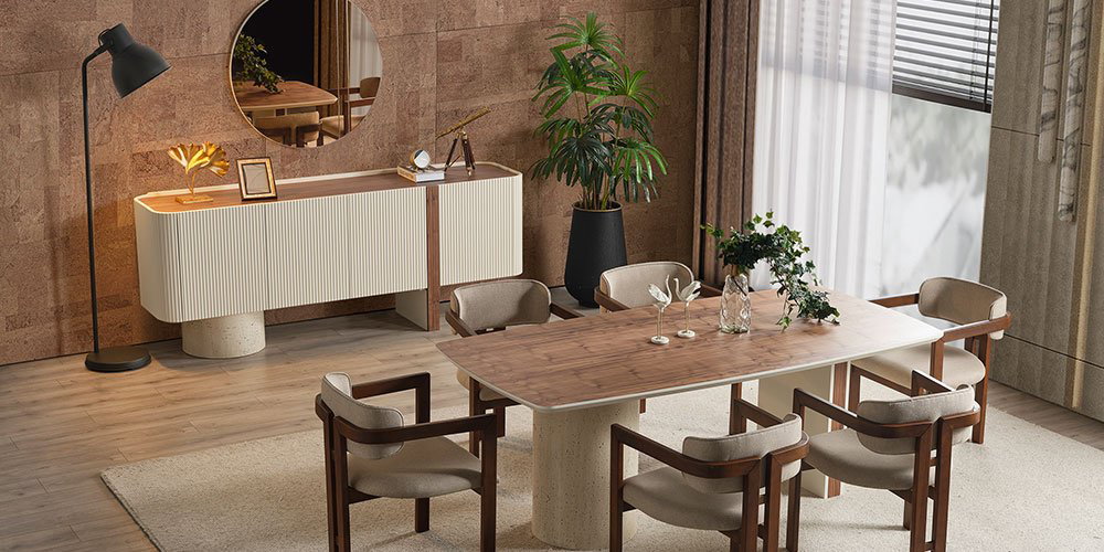 Modern Topkapı Yemek Odası Takımı, ahşap ve terrazzo detaylı yemek masası, bej sandalyeler ve şık büfe ile inegol mobilya kalitesini yansıtır.