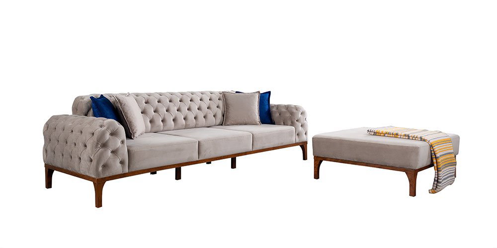 Modern tasarımlı, bej renkli ve tufted detaylı Moskova Köşe Koltuk Takımı. Ergonomik yapısıyla konfor sunan bu Kaliteli İnegöl mobilya, yaşam alanınıza şıklık katacak.
