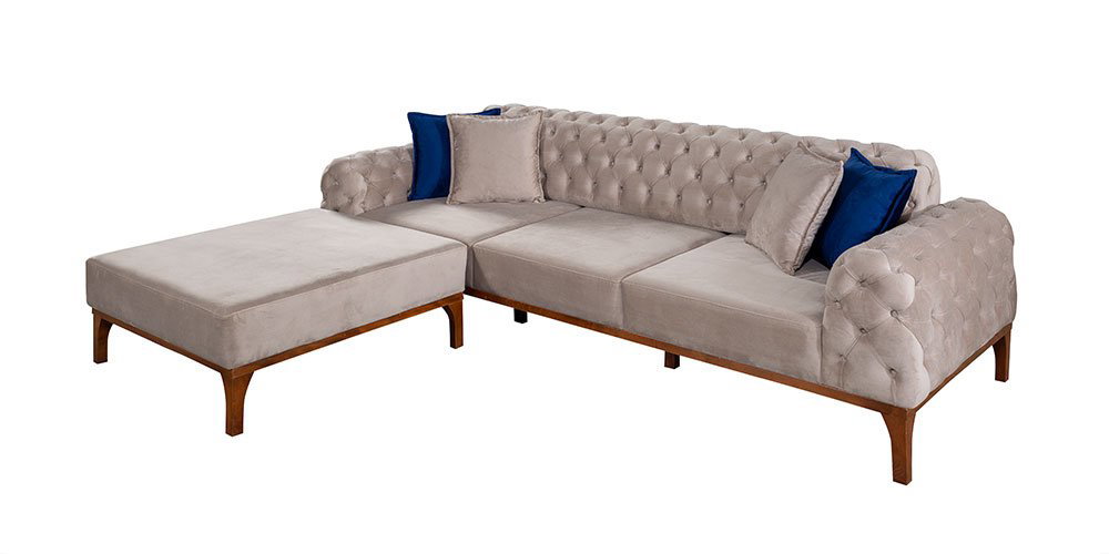 Modern tasarımlı, bej renkli ve tufted detaylı Moskova Köşe Koltuk Takımı. Ergonomik yapısıyla konfor sunan bu Kaliteli İnegöl mobilya, yaşam alanınıza şıklık katacak.