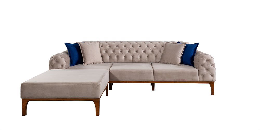 Modern tasarımlı, bej renkli ve tufted detaylı Moskova Köşe Koltuk Takımı. Ergonomik yapısıyla konfor sunan bu Kaliteli İnegöl mobilya, yaşam alanınıza şıklık katacak.