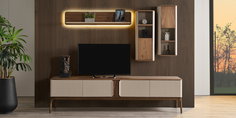Ahşap modern İcon Tv Ünitesi, flütlü krem kapaklı TV sehpası, aydınlatmalı raf ve duvar dolapları. İnegöl mobilya Fiyatları ile şıklık.