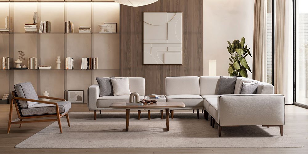 Aura Köşe Koltuk Takımı'nın modern ve konforlu tasarımıyla döşenmiş bir salon. Zarif detaylar ve doğal ışık. inegöl mobilya kampanyaları için ilham veren bir köşe.