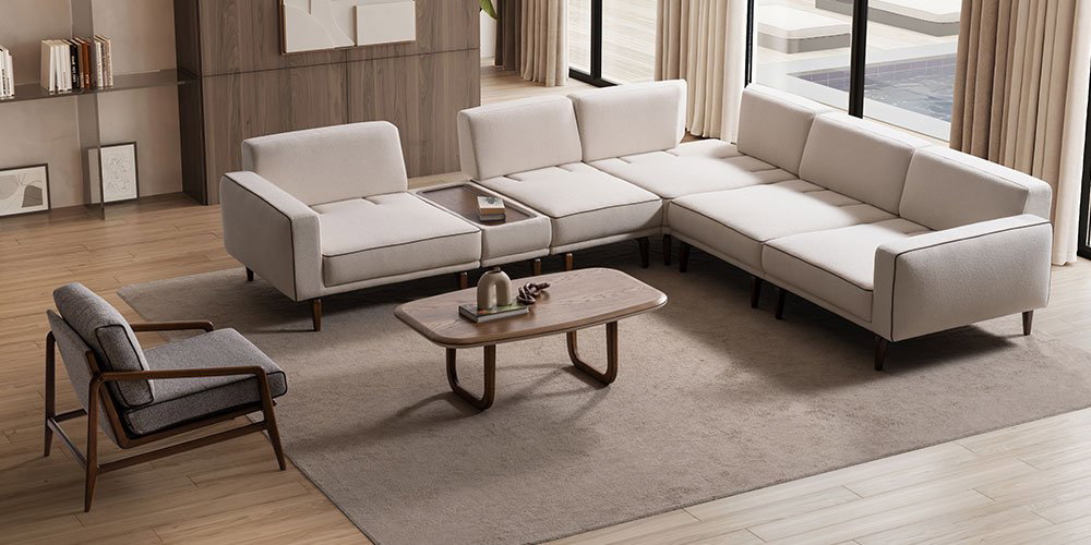 Aura Köşe Koltuk Takımı'nın modern ve konforlu tasarımıyla döşenmiş bir salon. Zarif detaylar ve doğal ışık. inegöl mobilya kampanyaları için ilham veren bir köşe.