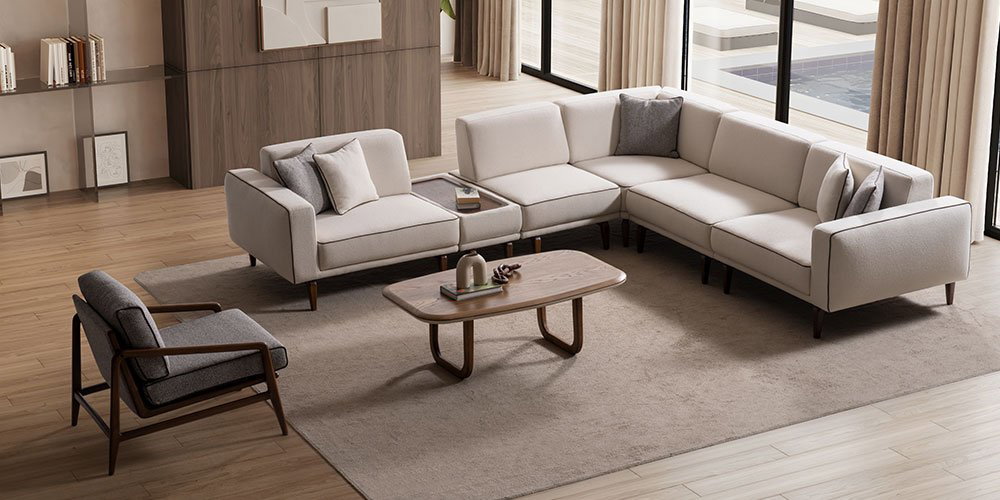 Aura Köşe Koltuk Takımı'nın modern ve konforlu tasarımıyla döşenmiş bir salon. Zarif detaylar ve doğal ışık. inegöl mobilya kampanyaları için ilham veren bir köşe.
