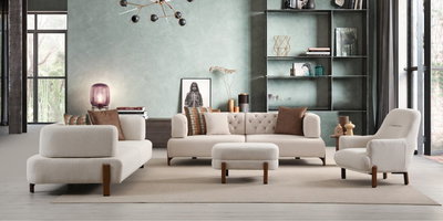 Modern bir yaşam alanı için tasarlanmış Cratos Wood Koltuk Takımı. Krem keten kumaş, 32 dansite sünger, yatak özelliği ve ahşap ayaklara sahip inegol mobilya.