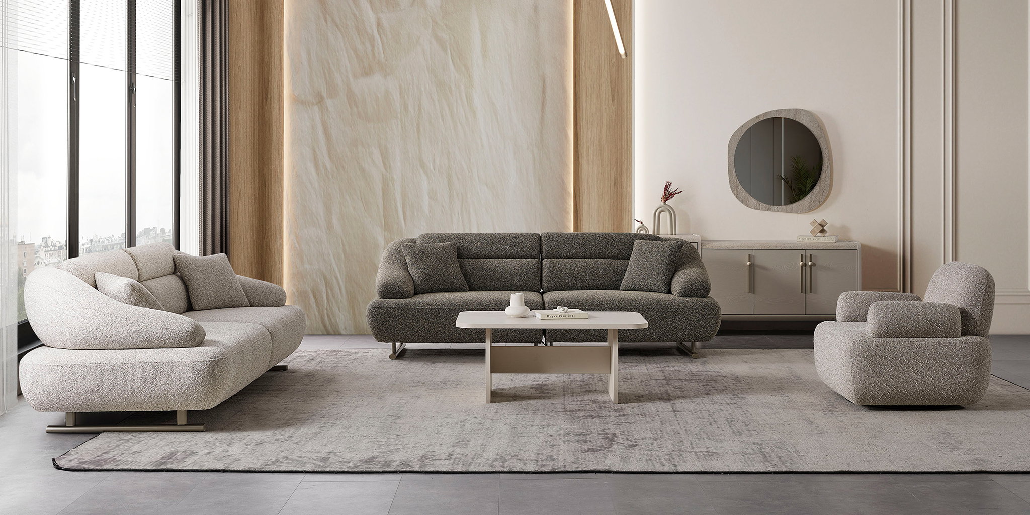 Modern Defne Cream Sofa Set, with its soft textured fabric and elegant curved lines, adds aesthetics to your living room. With Inegol furniture quality.