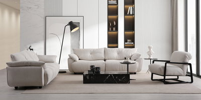 Açık renkli, modern Hogan Koltuk Takımı ile tasarlanmış, şık bir salon. Konforlu ve estetik bu takım, modern inegol mobilya trendlerini yansıtıyor.