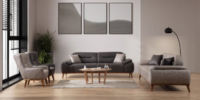 Gri tonlarında modern bir salonda yer alan Loft Koltuk Takımı, ahşap detayları ve sade çizgileriyle inegol mobilya kalitesini yansıtıyor.