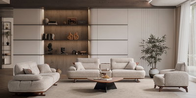 Modern Loft Koltuk Takımı. Krem renkli, konforlu oturma grubu, ahşap detaylar ve şık aksesuarlarla donatılmış salon. Kaliteli İnegöl mobilyası.
