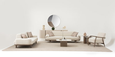 Modern krem renk Milano Koltuk Takımı Bronz, leopard desen kırlentler, yan sehpa ve İnegöl mobilya modelleri arasında zarafetiyle öne çıkıyor.