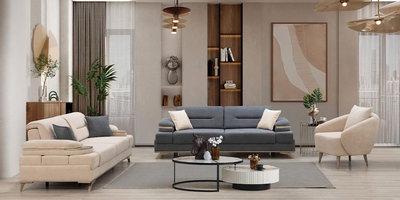 Modern salon dekorasyonunda krem ve gri tonlarında Paris Koltuk Takımı, zarif sehpalar ve bitkilerle tamamlanmış. Uygun Fiyatlı inegöl mobilya seçenekleriyle evinize şıklık katın.