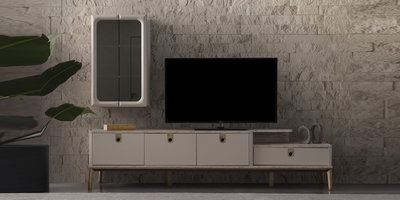 Şık gri tonlarında Cupra Tv Ünitesi ve duvara monte dolap ile Modern inegol mobilya tasarımı, taş duvar fonunda estetik bir görünüm sunuyor.