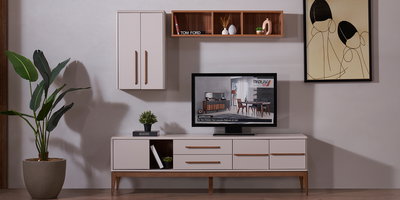 Şık beyaz ve ahşap detaylı Monza Tv Ünitesi, duvara monte dolap ve rafla tamamlanmış modern salon dekorasyonu için ideal. inegöl mobilya kampanyaları.