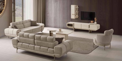 Modern tasarımlı bej köşe takımı, konforlu koltuklar, berjer ve Nova Tv Ünitesi içeren şık bir salon. İnegöl mobilya kampanyaları ile evinizi yenileyin.