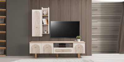 Modern Royal Tv Ünitesi, krem rengi ve doğal ahşap dokulu inegol mobilya ürünüdür. Dekoratif kemerli kapakları ile şık bir görünüm sunar.