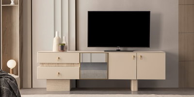Modern minimalist yaşam alanları için tasarlanmış, bej rengi ve altın detaylı Tetra Tv Ünitesi. Kaliteli inegol mobilya ürünü.