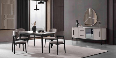 Destan Yemek Odası Takımı, modern tasarımlı siyah ahşap masa, gri kumaş sandalyeler ve şık bir büfeden oluşuyor. İnegöl mobilya modelleri arasında öne çıkan bir set.