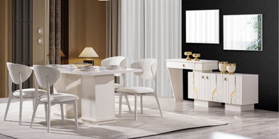 Modern beyaz Elegance Yemek Odası Takımı; şık masa, dört rahat sandalye ve altın detaylı zarif konsol ile tamamlandı. İnegöl mobilya Fiyatları için ideal.