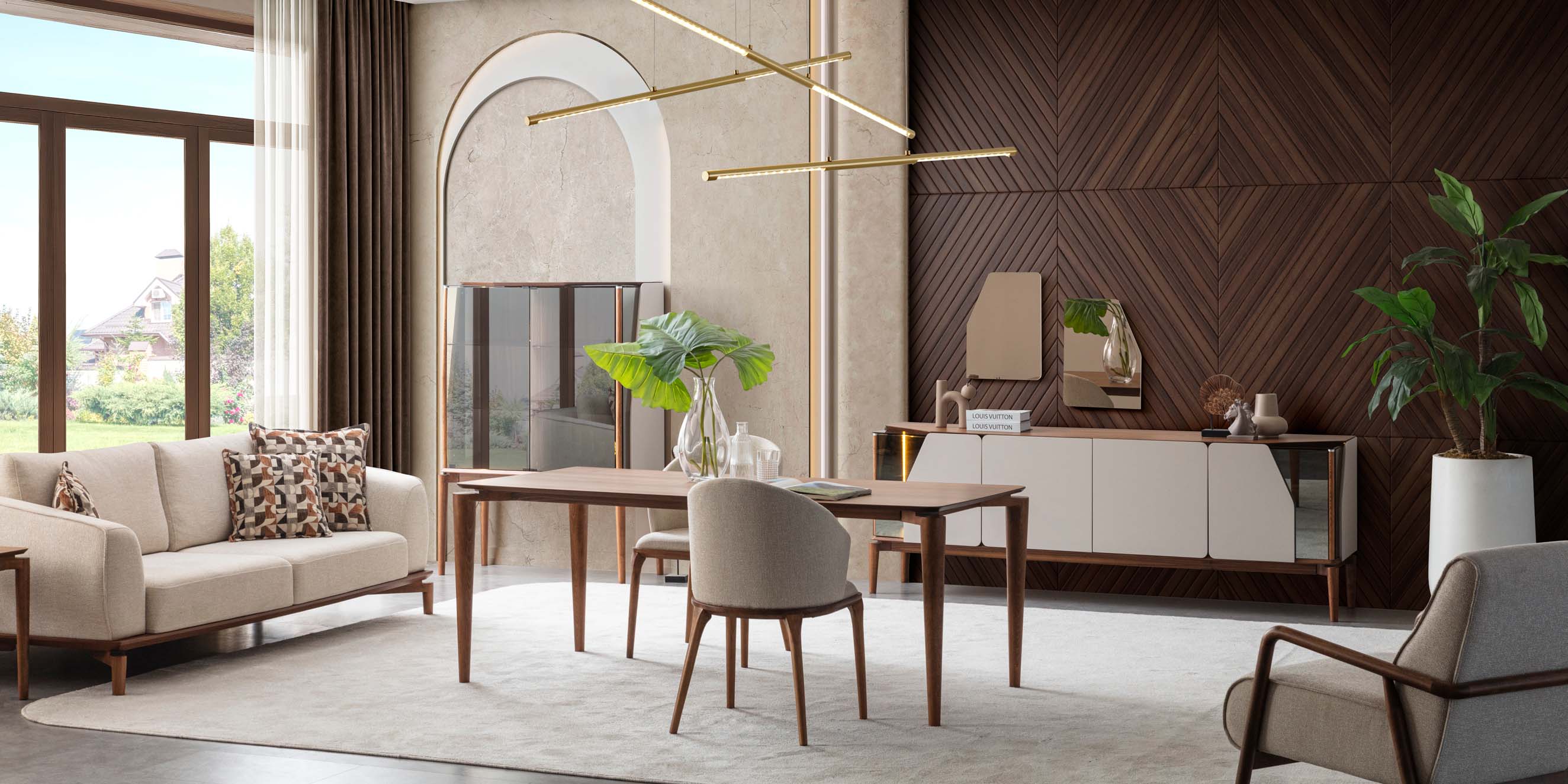 Walnut Lotus Dining Room Set with modern chairs and sofa. Discover competitive Inegol furniture prices for your elegant living space.