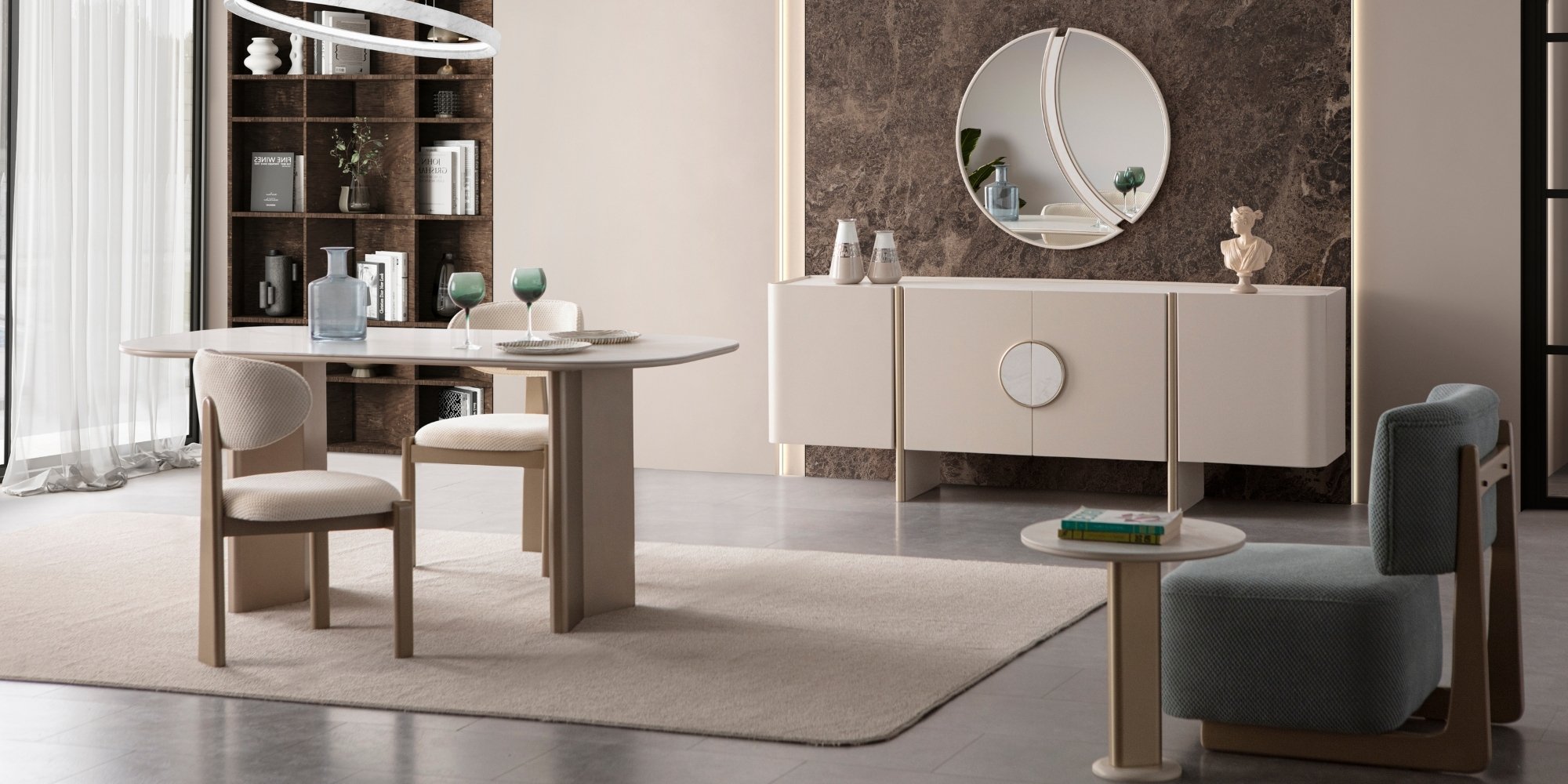 Lusso Marble Dining Room Set featuring a modern oval table and cream chairs, complementing Inegol furniture prices.